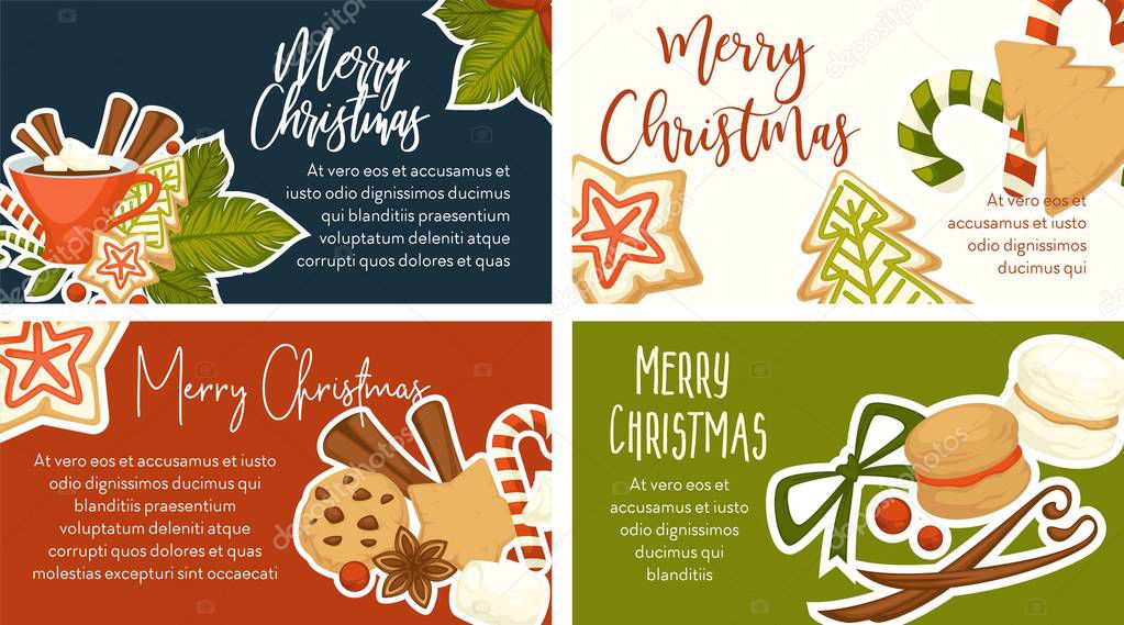 Merry Christmas winter holidays symbols and text, vector. 