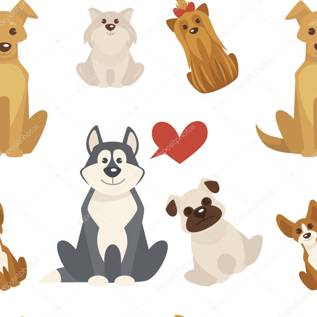 Dog types seamless pattern isolated on white background, vector.
