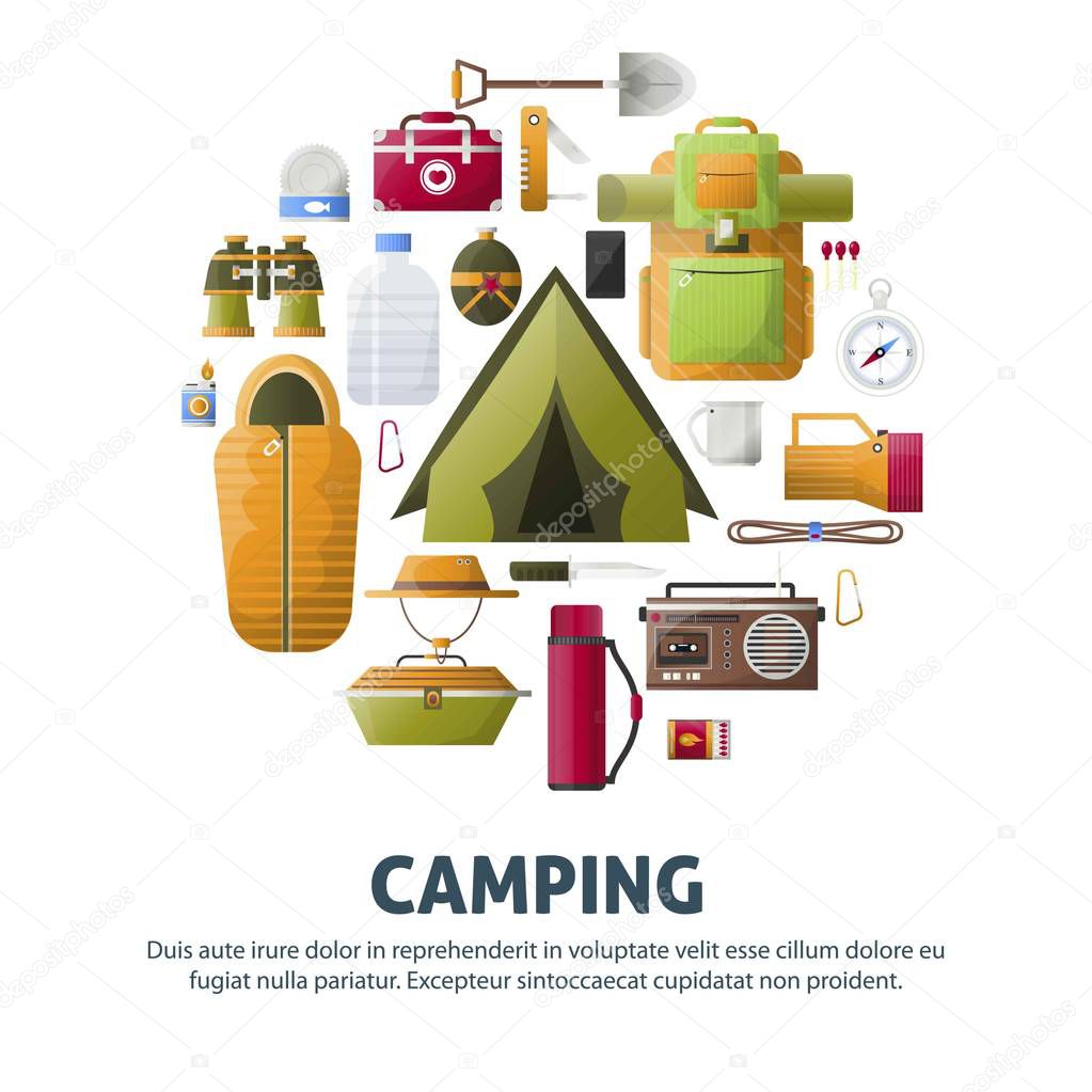 Summer camp poster of forest and hiking camping tools. 
