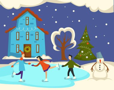 Tatilde olan insanlar sokak kış, vektör.