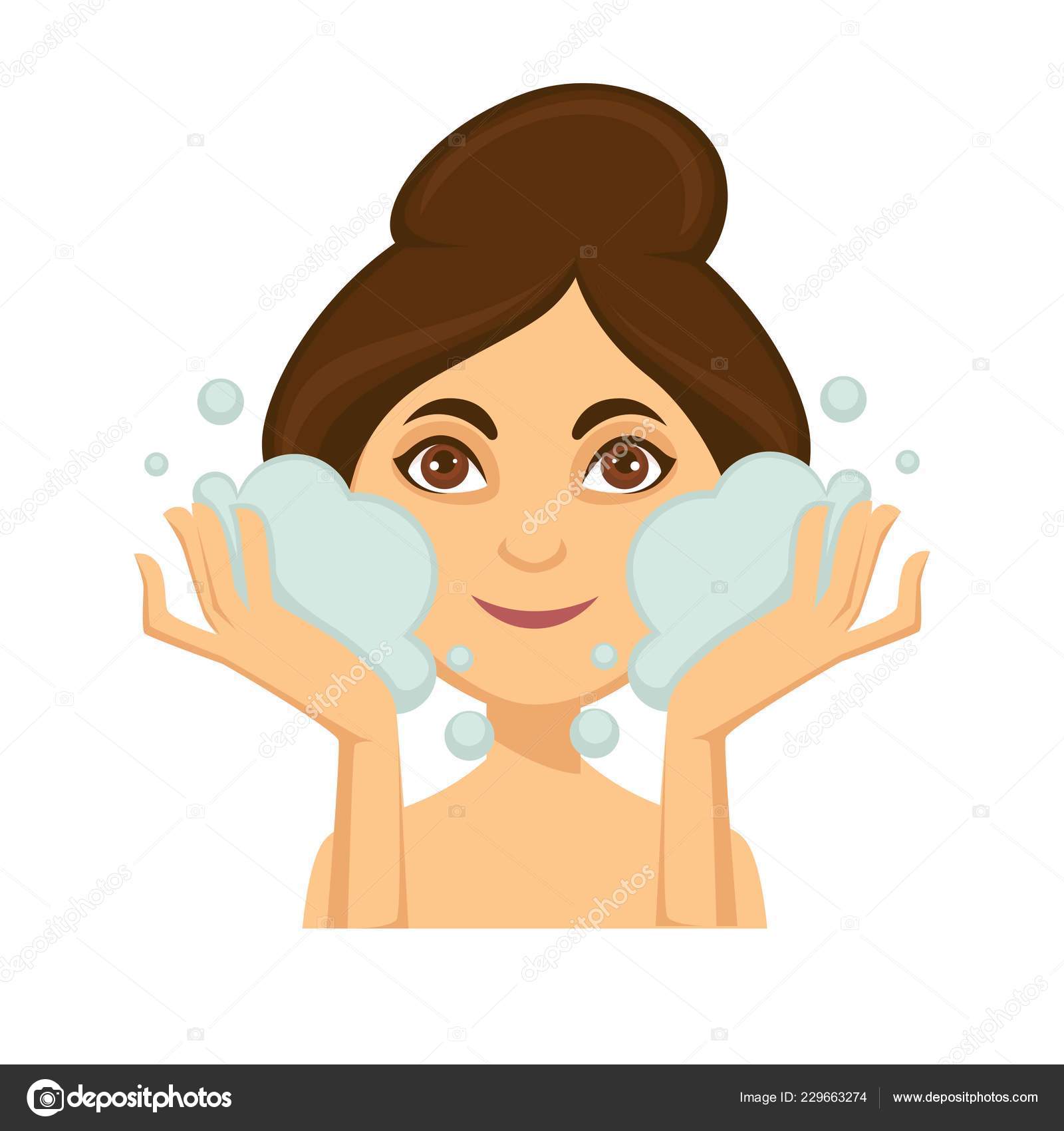 Young Smiling Woman Washing Face Cleansing Foam Vector Illustration White Stock Vector Image By C Sonulkaster 229663274