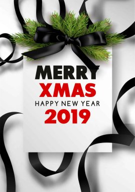 Mutlu Noeller ve mutlu yeni yıl 2019 poster köknar ağacı ve şeritler, vektör