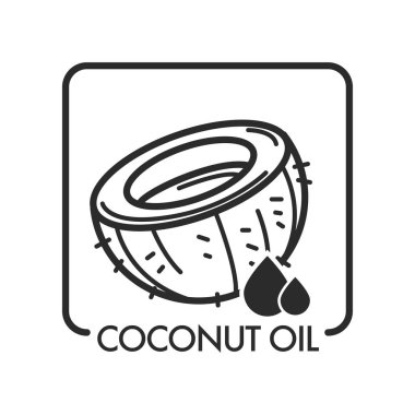 Hindistan cevizi yağı, ürün ve bırak, tek renkli kroki Anahat vektör.