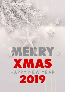 Mutlu Noeller ve mutlu yeni yıl 2019 beyaz karlı poster köknar ağaç dalları ve yıldız, vektör 