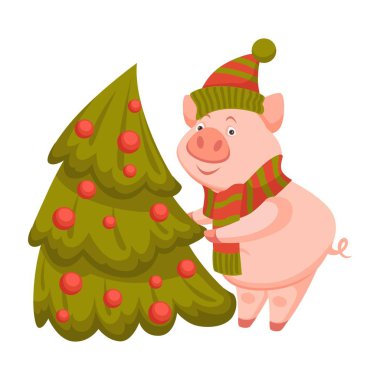Dekorasyon köknar ağacı kış tatili için domuz, vektör.