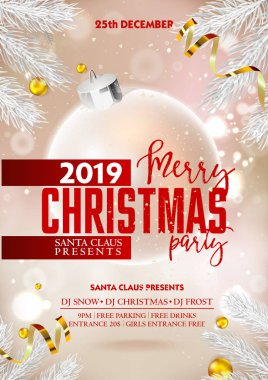 Neşeli Noel partisi poster Noel dekorasyonu topları ve kurdeleler, vektör çizim ile.