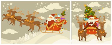 Noel tatil Noel Baba ve geyikler, karikatür vektör çizimler