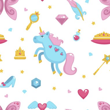 Prenses Peri öğeler, tek boynuzlu at ve sihirli değnek seamless modeli üzerinde beyaz izole 