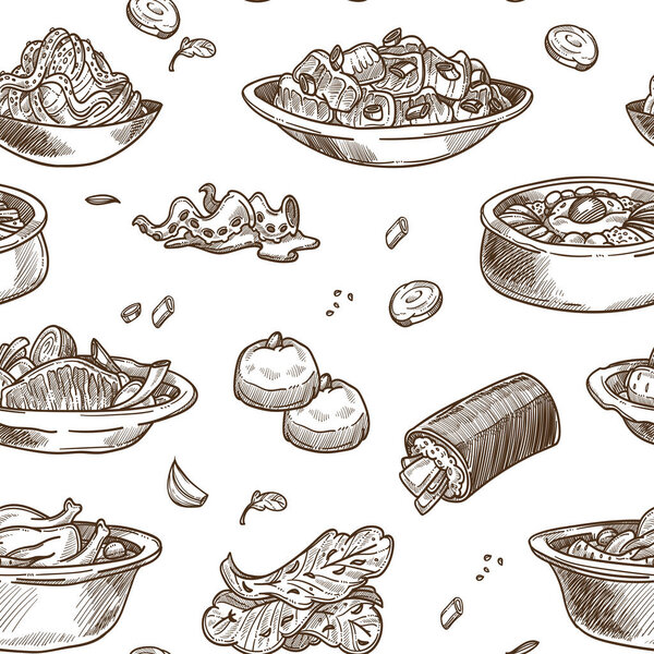 Korean cuisine traditional dishes sketch seamless pattern. 