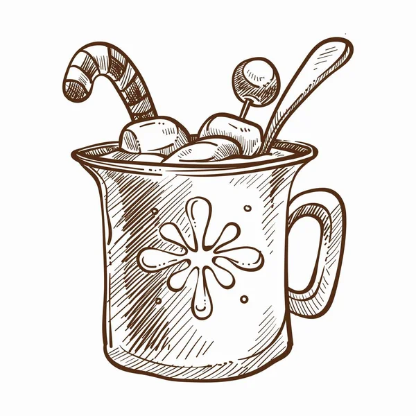Tasse Warme Schokolade Mit Marshmallow Und Zuckerstange Einfarbige Skizze — Stockvektor