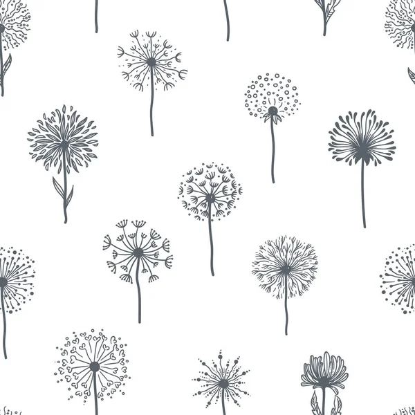 Dandelion Plant Seeds Monochrome Seamless Pattern — Stock Vector