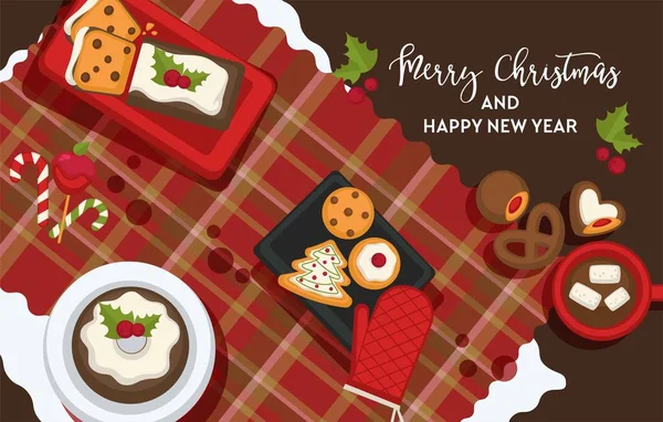 Navidad Deliciosa Comida Tradicional Mesa Vector Plano — Vector de stock