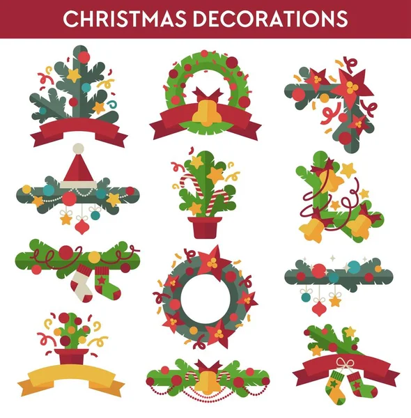 Vector Set Christmas Decoration Design Elements Flat Style — Stock Vector