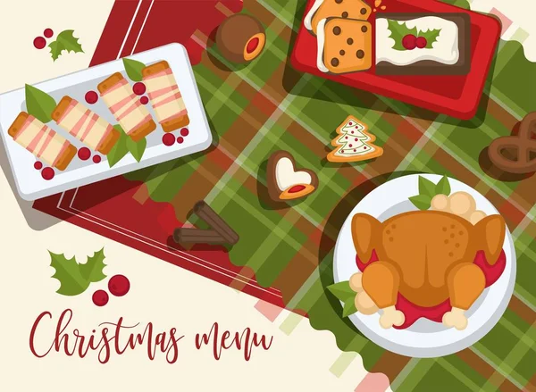 Navidad Deliciosa Comida Tradicional Mesa Vector Plano — Vector de stock