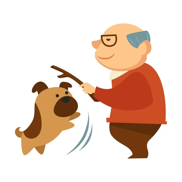 年配の男性犬ペットと遊んでベクトル — ストックベクタ