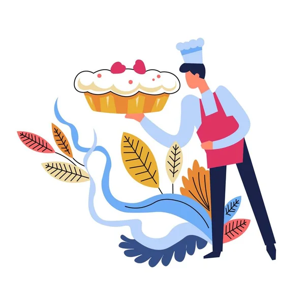 Chef Con Sombrero Tradicional Vector Decoración Floral — Archivo Imágenes Vectoriales