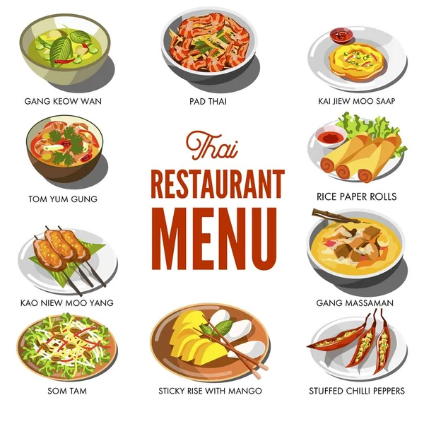 Comida Tailandesa Platos Tradicionales Iconos Vectoriales — Vector de stock