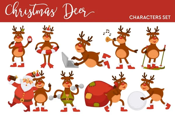 Christmas Deer Cartoon Character Icons White Background — Stock Vector