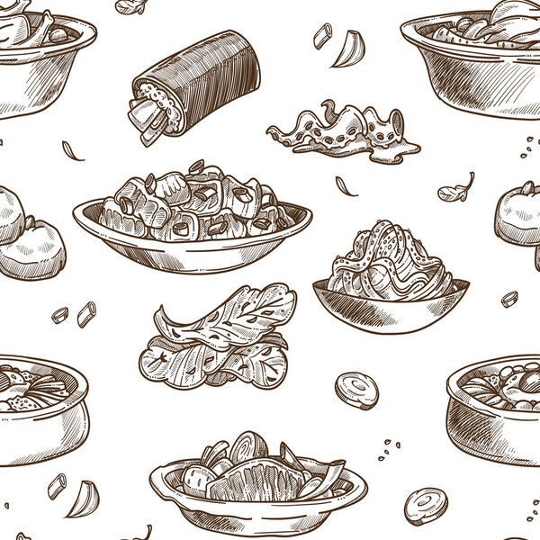 Korean cuisine traditional dishes sketch seamless pattern