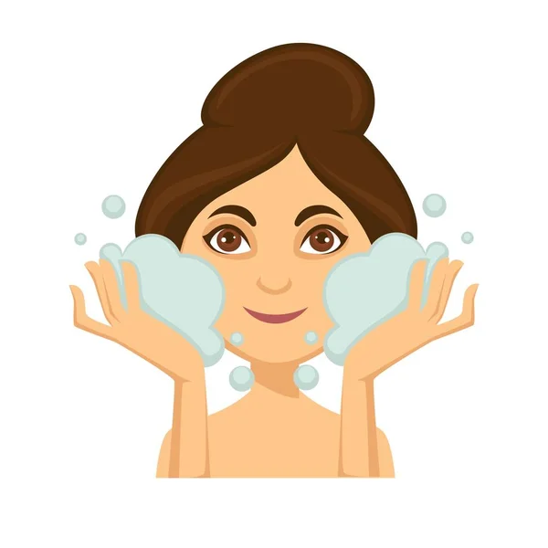 若い笑顔女性洗濯 洗顔とベクトル白い背景のイラスト — ストックベクタ