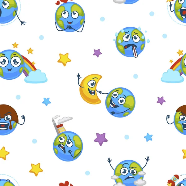Earth planet expressing emotions seamless pattern vector
