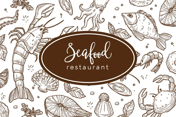 Zeevruchten Restaurant Schets Affiche Voor Menu Tablemat Sjabloon Vector — Stockvector
