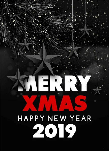 Prettige Kerstdagen Gelukkig Nieuwjaar 2019 Zwarte Poster Met Fir Tree — Stockvector