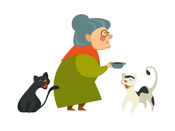 Sorridente Nonna Che Tiene Ciotola Con Cibo Gatti Illustrazione Vettoriale — Vettoriale Stock