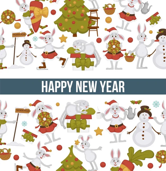 2019新的年庆祝 兔子与雪人冬天字符 — 图库矢量图片