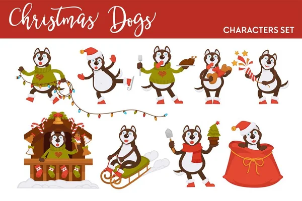 Christmas Wolf Dog Cartoon Character Vector Icons — Stock Vector