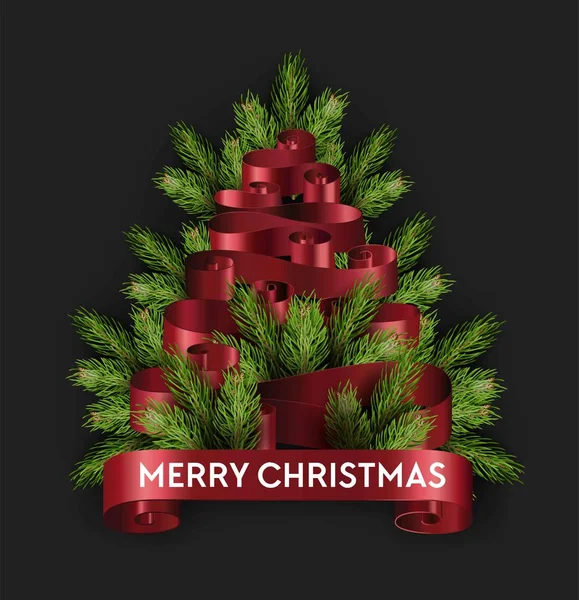 Merry Christmas Tree Met Decoratie Linten Vector — Stockvector