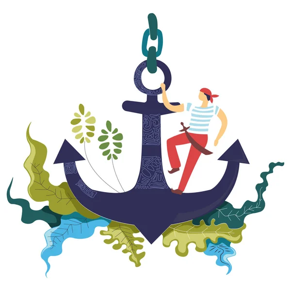 Marinero Parado Sobre Ancla Azul Ilustración Vectorial Sobre Fondo Blanco — Archivo Imágenes Vectoriales