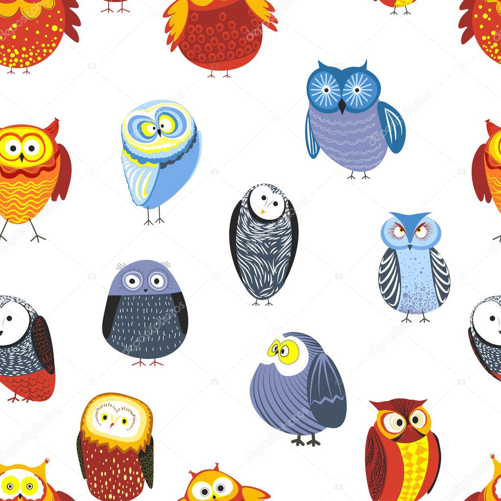 Owls cartoon funny characters seamless pattern