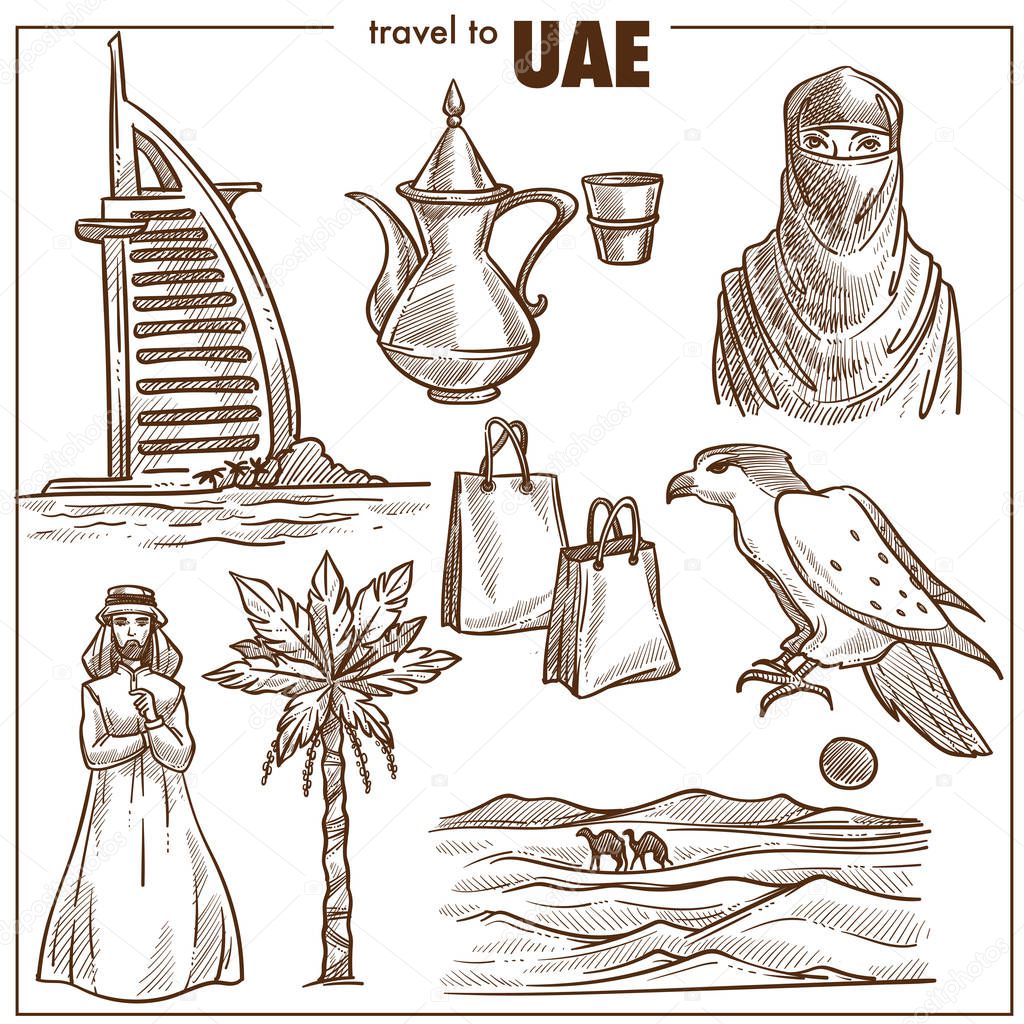 Arab Emirates travel sketch set, vector