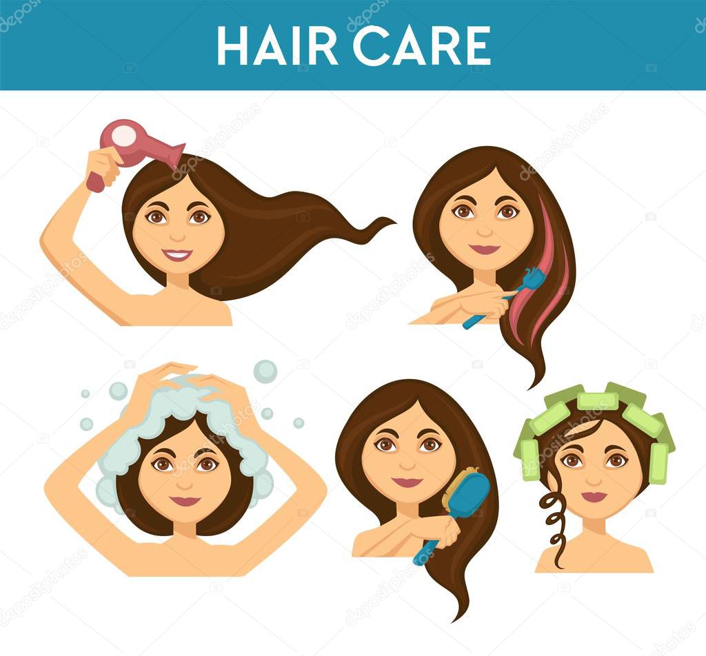 Hair care, woman washing it and using electric dryer, vector