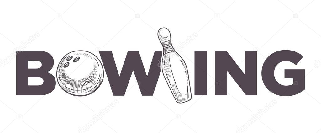 Bowling league poster with ball and skittle, monochrome sketch outline vector.