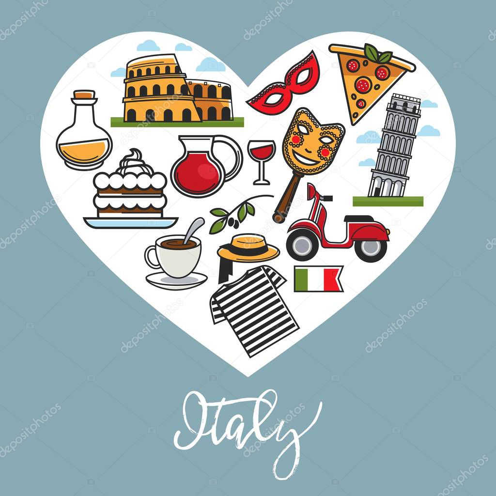 Italy promo poster with national symbols in heart shape, vector