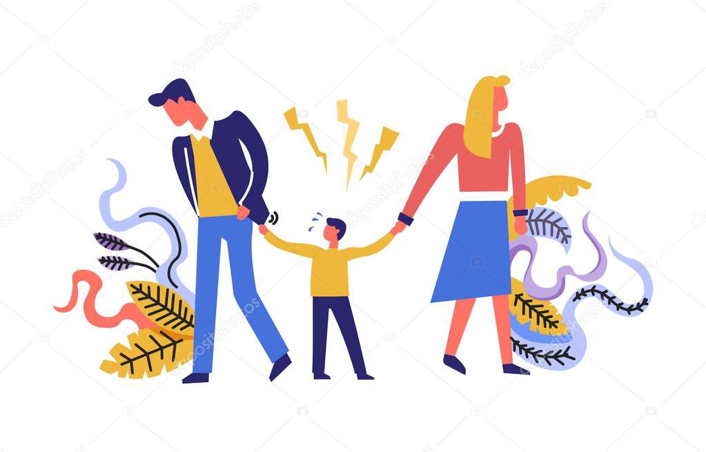 Family problems, father and mother with child walking in different sides, vector 