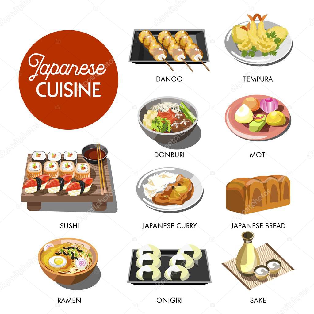 Japanese cuisine traditional dishes, restaurant menu vector icons