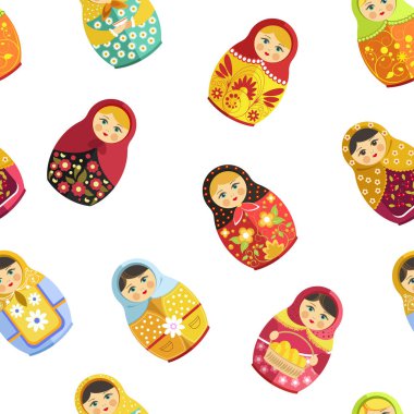 Rus matruşka oyuncağı, geleneksel ahşap Hediyelik eşya--dan Rusya seamless modeli 