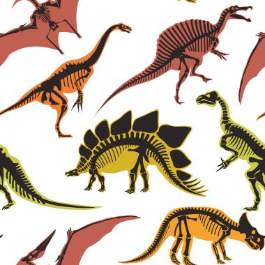 Dinozorlar ve seamless modeli üzerinde beyaz, vektör izole pterodactyl türleri 