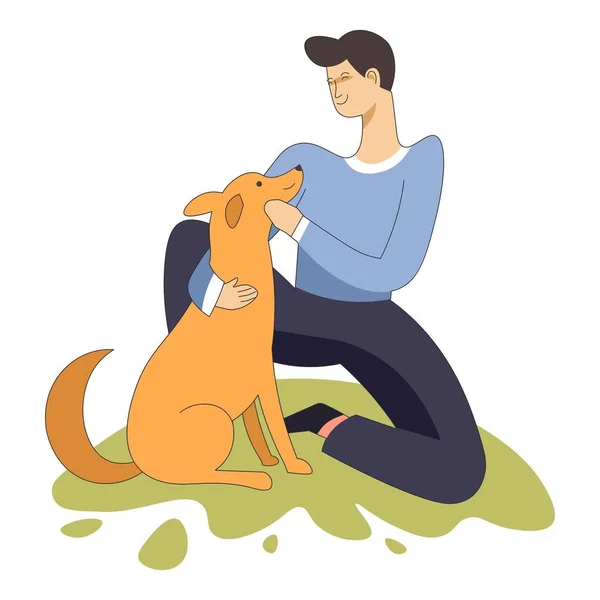 Männchen Sitzt Auf Rasen Mit Hund Vektor — Stockvektor
