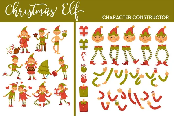 Christmas Elf Winter Character Set Activities Body Parts Vector — Stock Vector