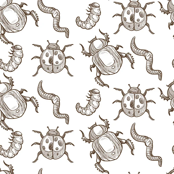 Insekten Monochrom Sepia Skizziert Nahtlose Muster — Stockvektor