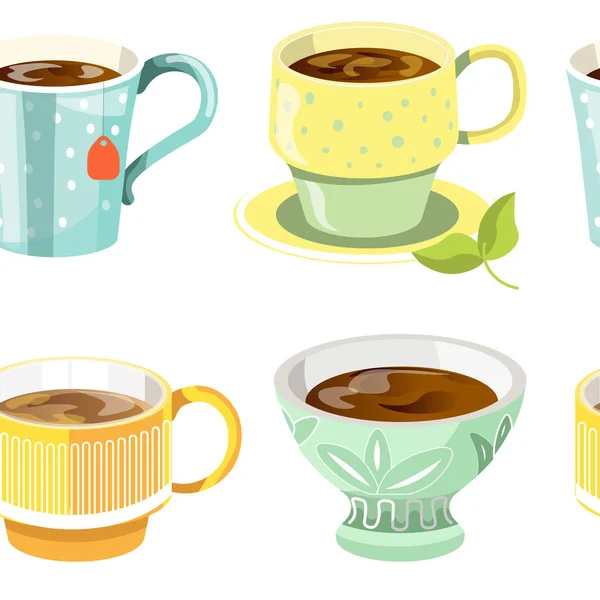 Kávé Vagy Tea Öntötte Csésze Varrat Nélküli Mintát Vektor — Stock Vector