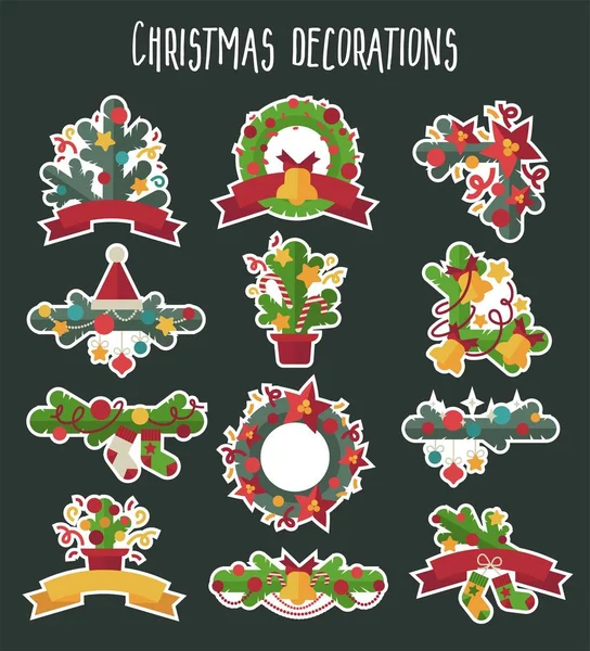 Vector Set Christmas Decoration Design Elements Flat Style — Stock Vector