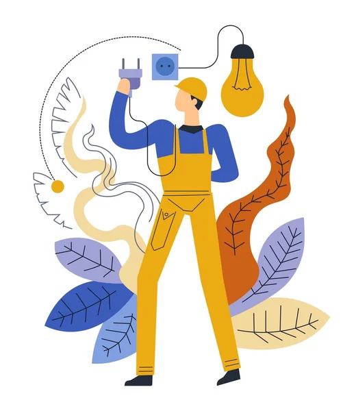 Electrician Service Vector Man Dealing Electric Bulb — Stock Vector