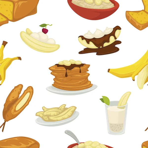 Desserttypen Banane Mit Bäckereinahtlosem Muster Vektor — Stockvektor
