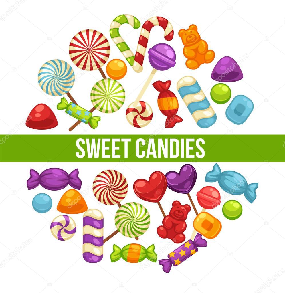 Cartel de dulces y caramelos para confitería o tienda de dulces, Vector