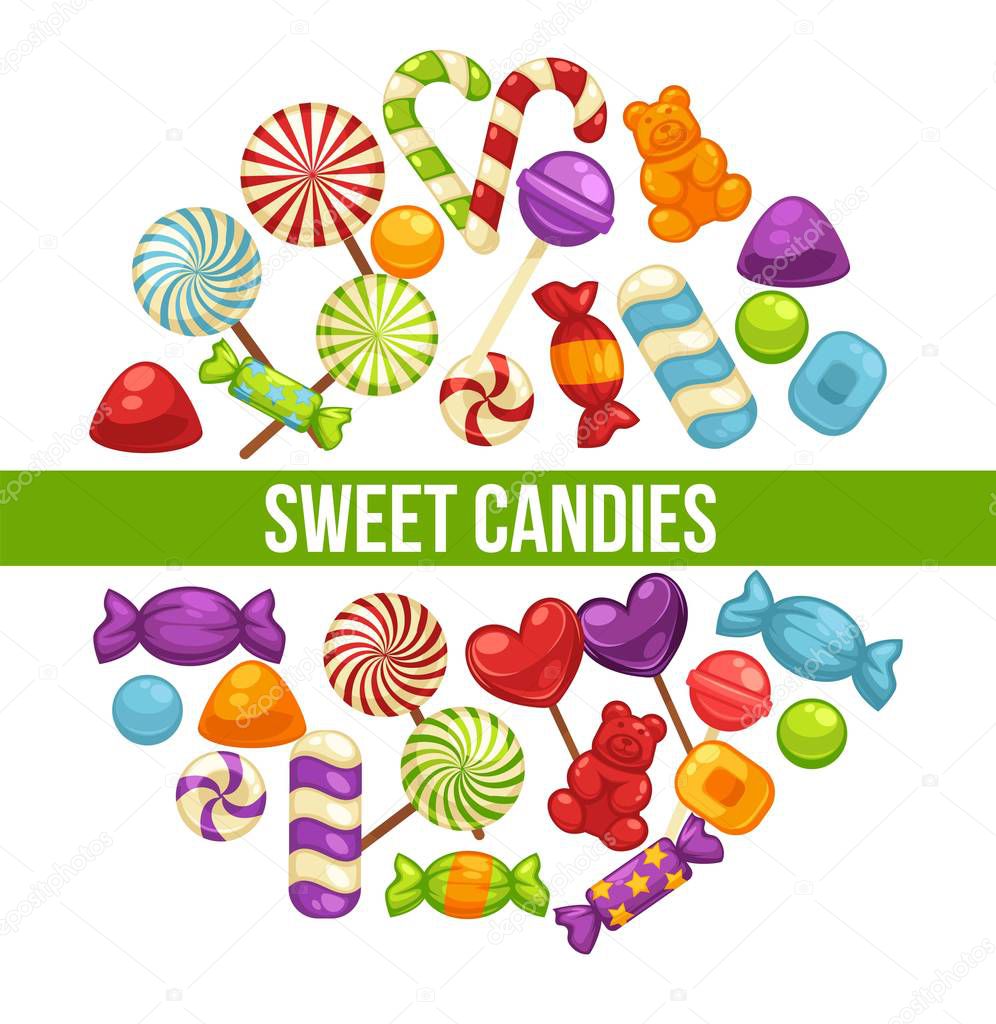 Candies and caramel sweets poster for confectionery or candy shop, Vector